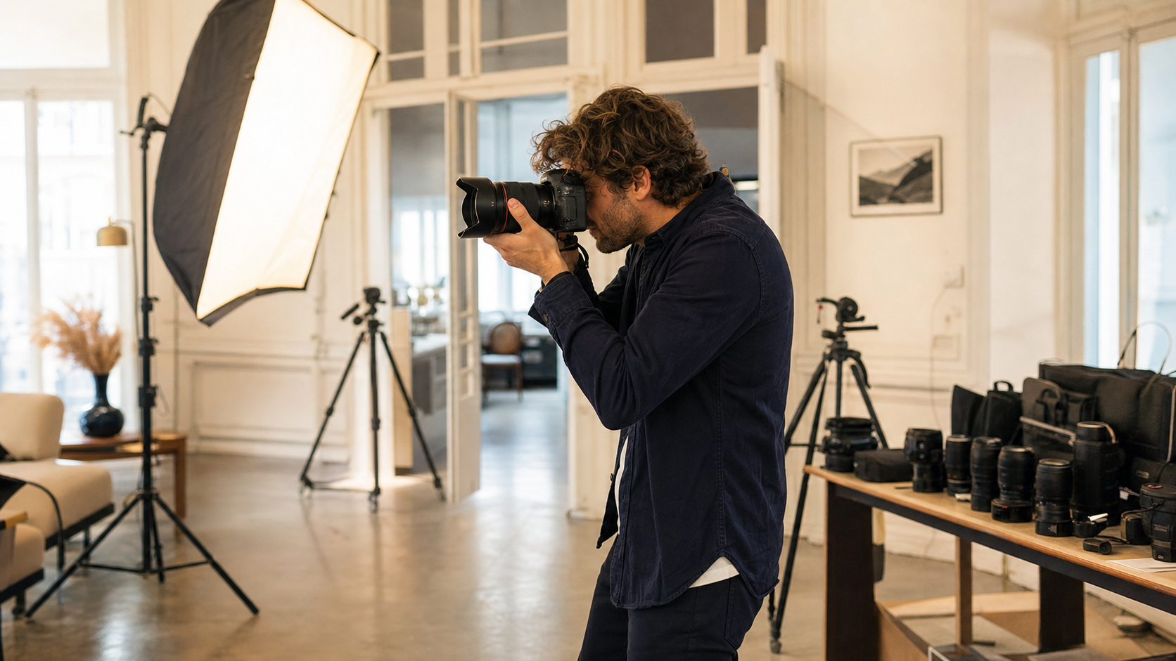 Studio photo Objectif à Caen, photographe professionnel avec appareil reflex et éclairage softbox